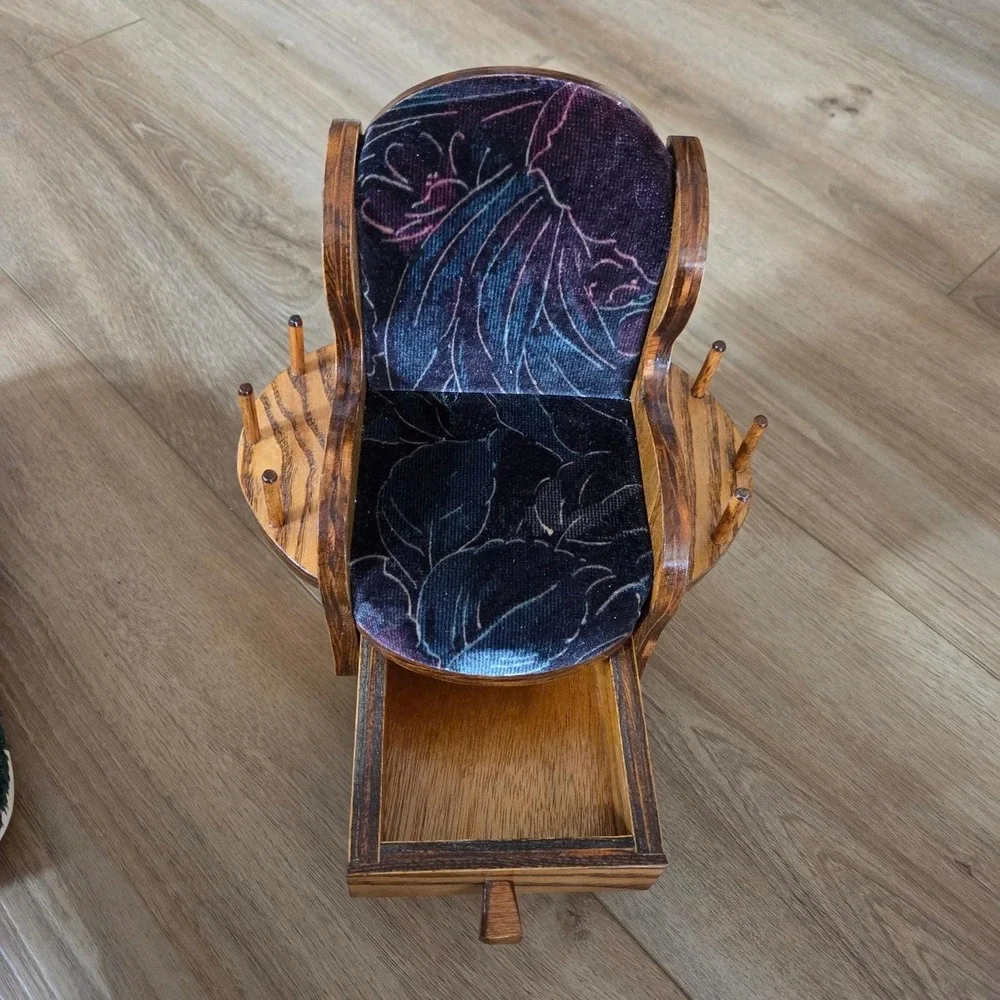 Vintage Wooden Rocking Chair Spool Holder Organizer with Drawer Floral‎ Fabric